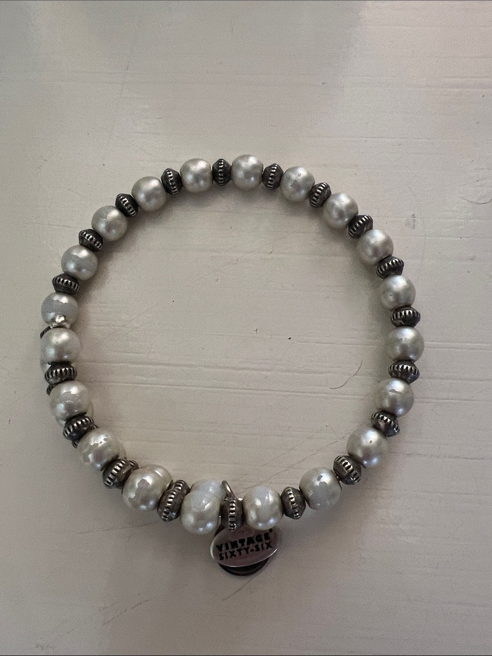 Alex and Ani Silver Pearl Bead Stretch Bracelet with Charm